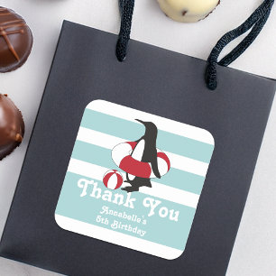 Adesivo Quadrado Pinguim Azul Claro Obrigado Festa De Aniversário d