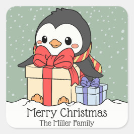 Adesivo Quadrado Pinguim bonito com presentes de Natal na neve