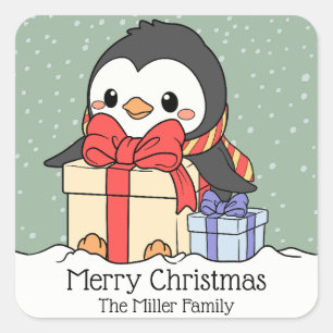 Adesivo Quadrado Pinguim bonito com presentes de Natal na neve