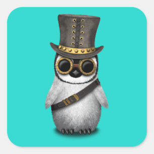 Adesivo Quadrado Pinguim bonito do bebê de Steampunk