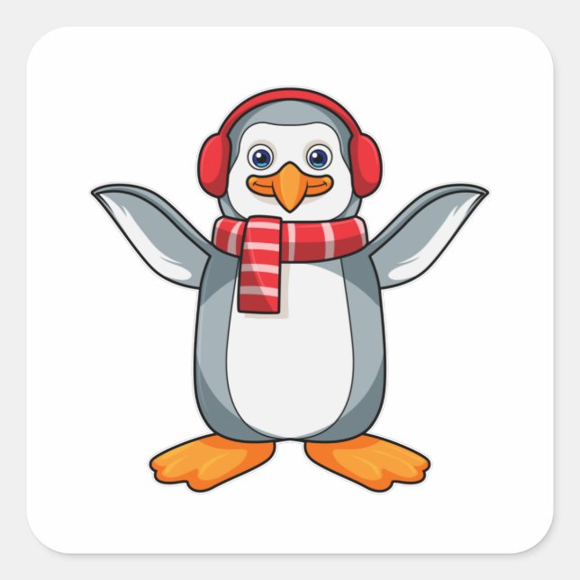 Adesivo Quadrado Pinguim com Scarf e fone de ouvido (Frente)