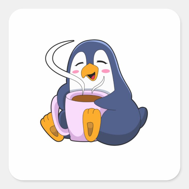 Adesivo Quadrado Pinguim com taça de café (Frente)