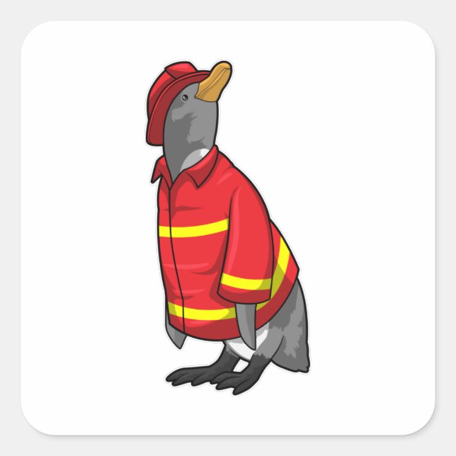 Adesivo Quadrado Pinguim como Bombeiro com Capacete (Frente)