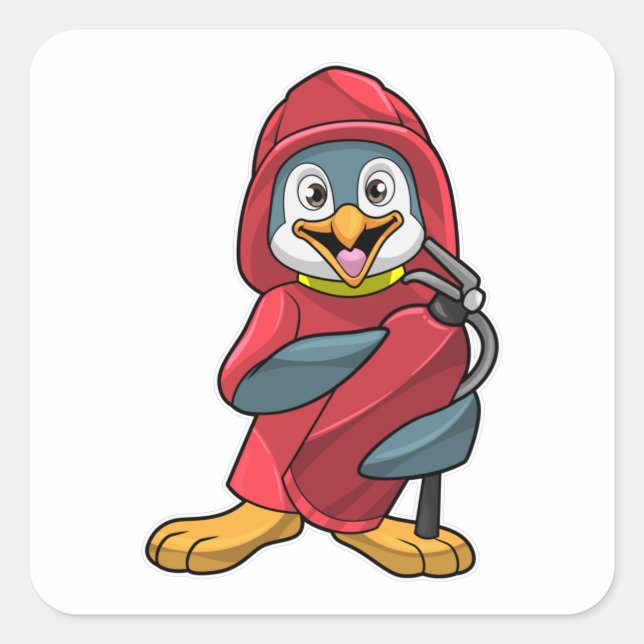 Adesivo Quadrado Pinguim como Bombeiro com extintor de incêndio (Frente)