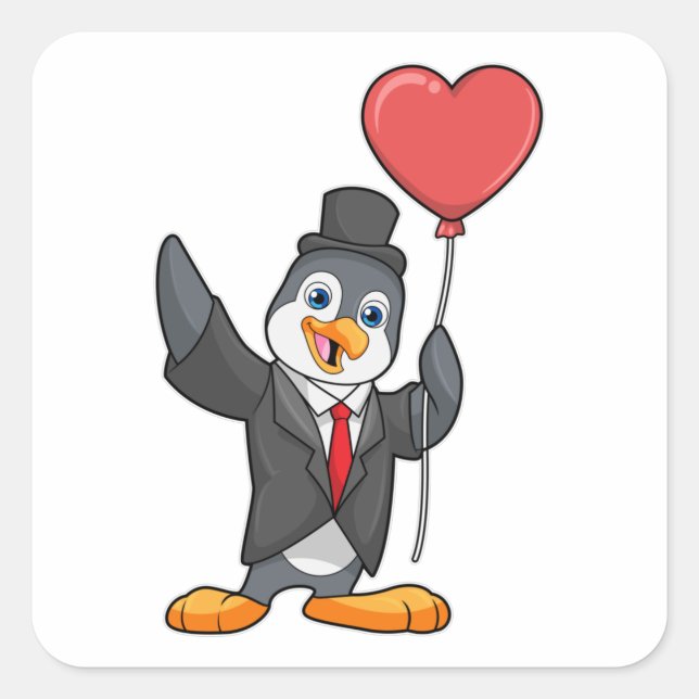 Adesivo Quadrado Pinguim como Groom com Heart Ballon (Frente)