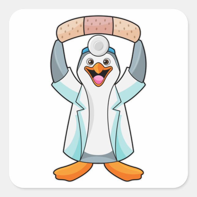 Adesivo Quadrado Pinguim como Médico com Plaster (Frente)