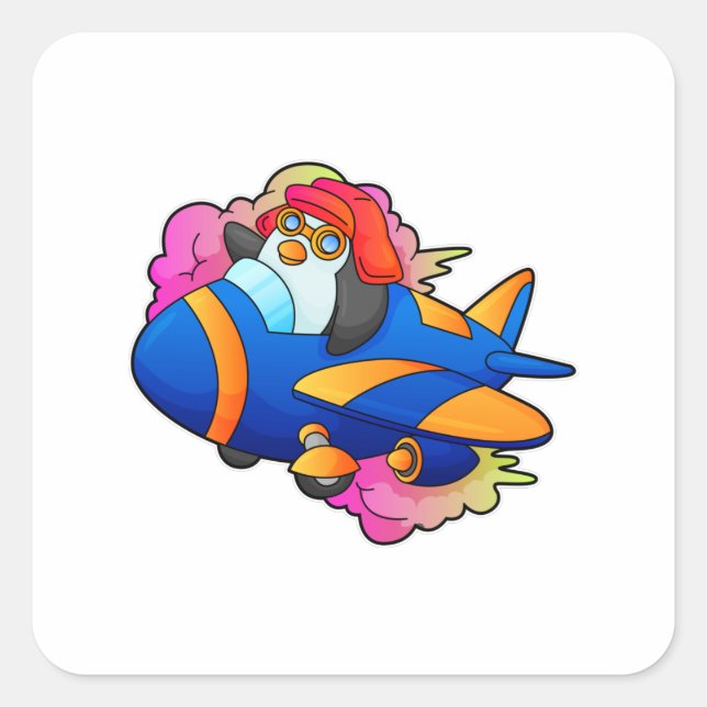 Adesivo Quadrado Pinguim como piloto com avião (Frente)