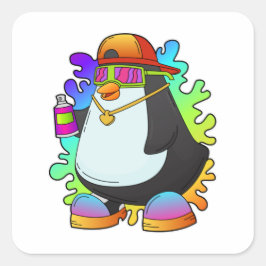 Adesivo Quadrado Pinguim como Pintor com Spray
