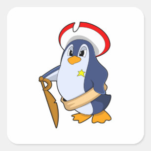Adesivo Quadrado Pinguim como Pirata com Chapéu
