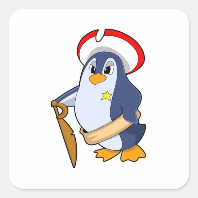 Adesivo Quadrado Pinguim como Pirata com Chapéu (Frente)