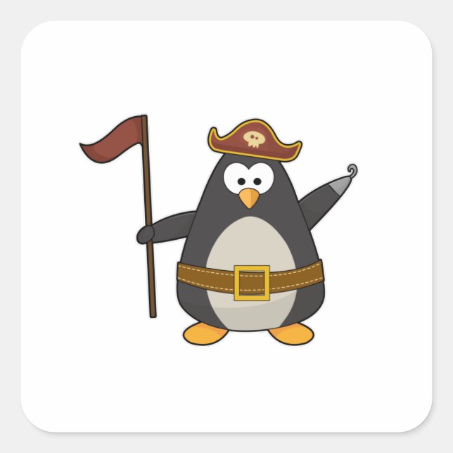 Adesivo Quadrado Pinguim como pirata com cinta e chapéu pirata (Frente)