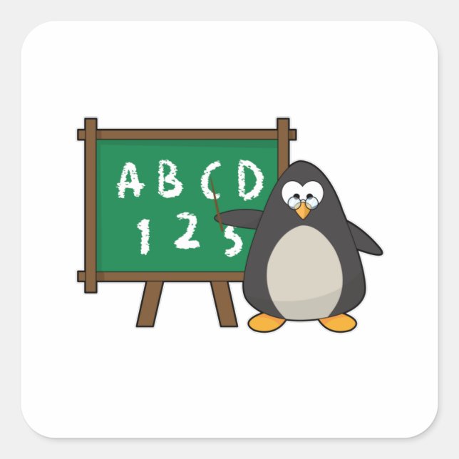Adesivo Quadrado Pinguim como professor com quadro negro (Frente)