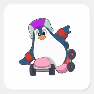 Adesivo Quadrado Pinguim como skater em linha com Skates em linha