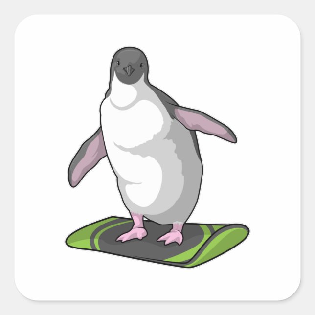 Adesivo Quadrado Pinguim como Snowboarder com Snowboard (Frente)