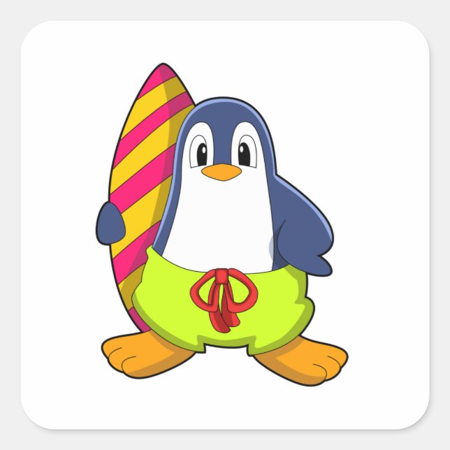 Adesivo Quadrado Pinguim como Surfer com Surfboard (Frente)