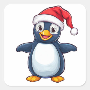 Adesivo Quadrado Pinguim de desenho animado alegre com chapéu de Pa