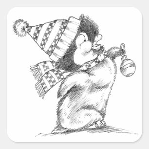 Adesivo Quadrado Pinguim de Natal Bonito com Chapéu e Scarf