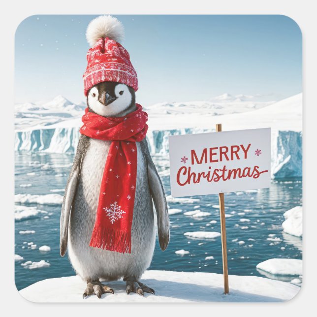 Adesivo Quadrado Pinguim De Natal Em Um Iceberg (Frente)