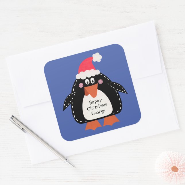 Adesivo Quadrado Pinguim de Natal Gelado Personalizado (Envelope)