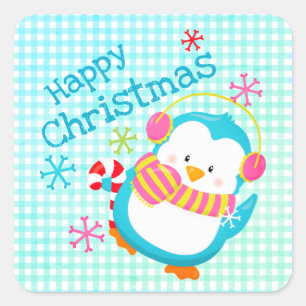 Adesivo Quadrado Pinguim Feliz Adorável Colorido Natal Moderno F