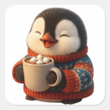 Pinguim Feliz Fofo com Suéter e Cacau Quente