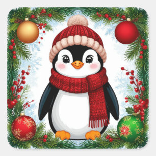 Adesivo Quadrado Pinguim Festivo Decorado Com Enfeites de Feriado