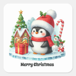 Adesivo Quadrado Pinguim festivo e habitual Feliz Natal