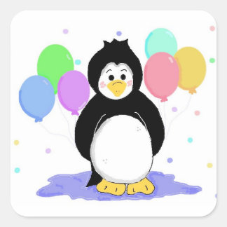 Adesivo Quadrado Pinguim Fofo com Balões de Festa