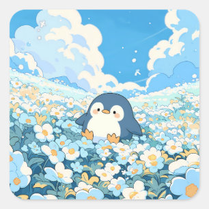 Adesivo Quadrado Pinguim Fofo em Campo de Flor Silvestre Azul