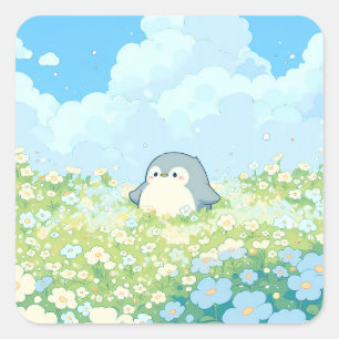 Adesivo Quadrado Pinguim Fofo em Prado Azul de Primavera