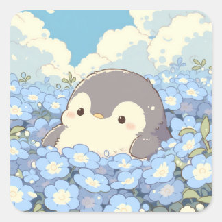 Adesivo Quadrado Pinguim Fofo no Prado de Flores Azuis