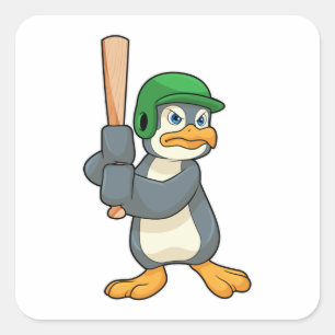 Adesivo Quadrado Pinguim no Baseball com bastão de baseball e capac