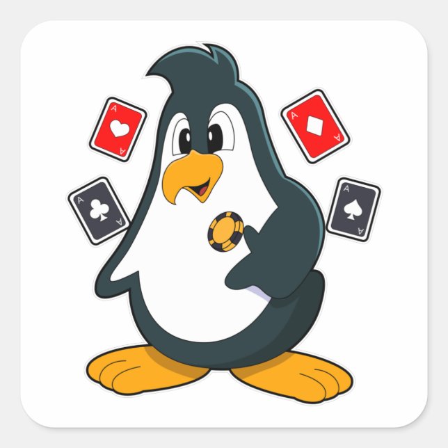 Adesivo Quadrado Pinguim no Poker com cartões Poker (Frente)