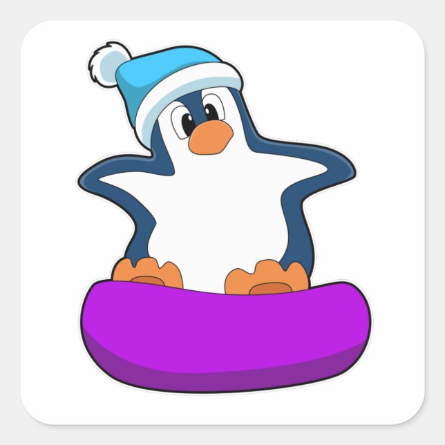 Adesivo Quadrado Pinguim no Snowboard com Snowboard (Frente)