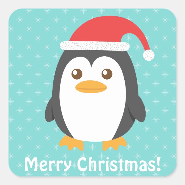 Adesivo Quadrado Pinguim Pequeno e Fofo com Chapéu de Papai Noel Na (Frente)