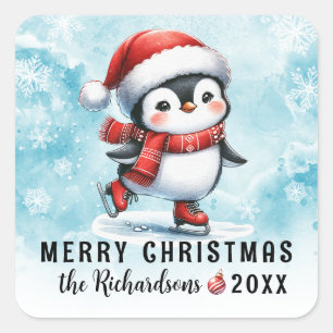 Adesivo Quadrado Pinguim Pinguim De Gelo Vermelho Azul Feliz Natal