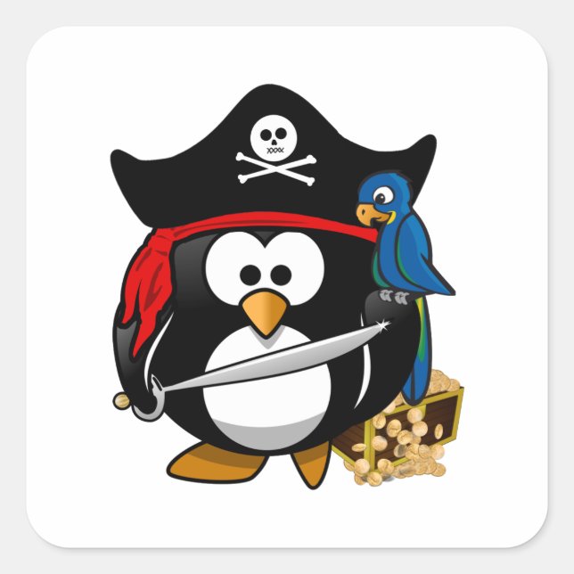 Adesivo Quadrado Pinguim Pirata Bonito com Treasure Chest (Frente)