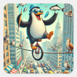 Adesivo Quadrado Pinguim-Uniciclista na Cidade - Circo Whimsical