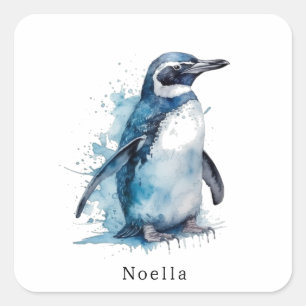 Adesivo Quadrado Pinguim Watercolor Ártico Azul, personalizado