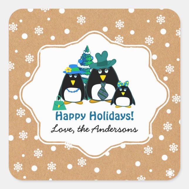 Adesivo Quadrado Pinguins de Natal Personalizados da Família Pengui (Frente)