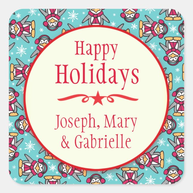 Adesivo Quadrado Pinguins natalinos: nome, vinheta de presente de N (Frente)