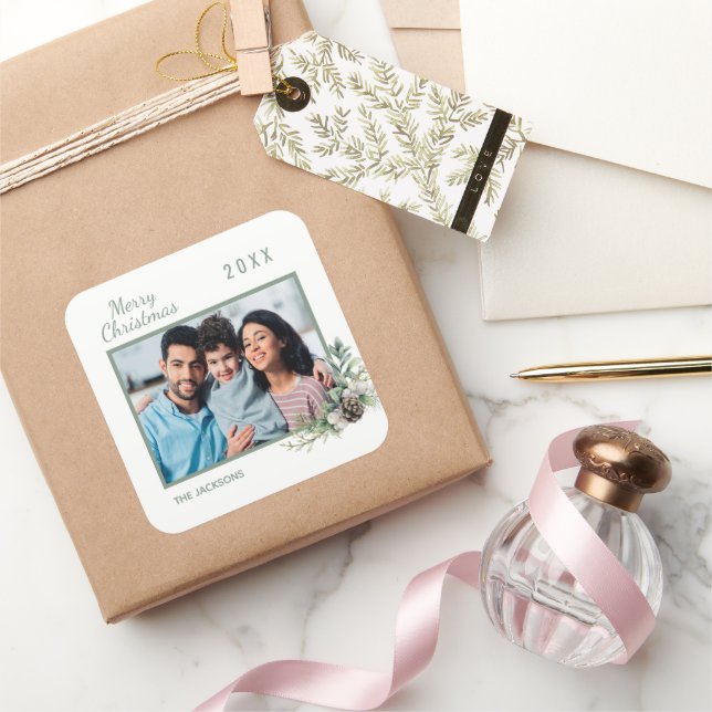 Adesivo Quadrado Pinho branco de fotografia da família natalina (Presentear)