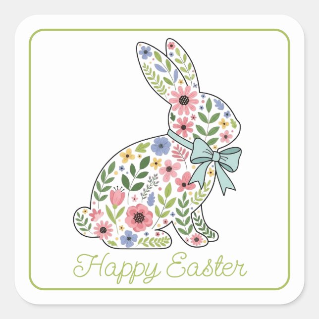 Adesivo Quadrado Pink and Blue Wildflower Easter Rabbit (Frente)