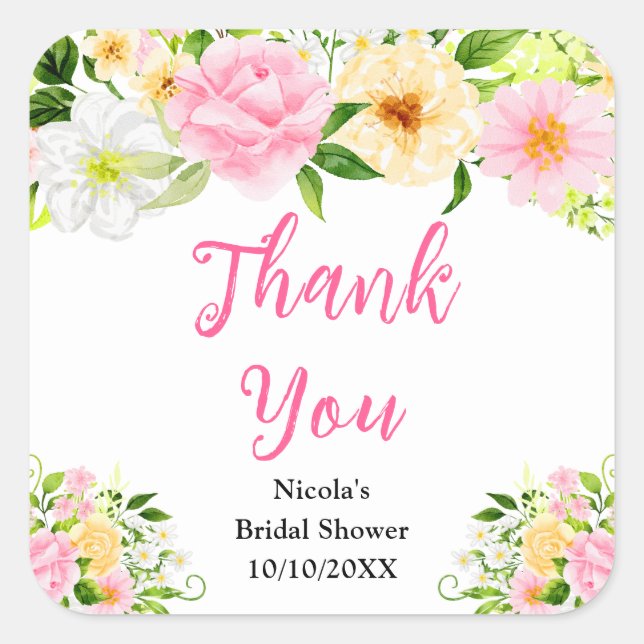 Adesivo Quadrado Pink and Yellow Flowers Bridal Shower Thank You (Frente)
