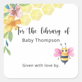 Adesivo Quadrado Pink Bee - Baby Shower bookplate, books for baby
