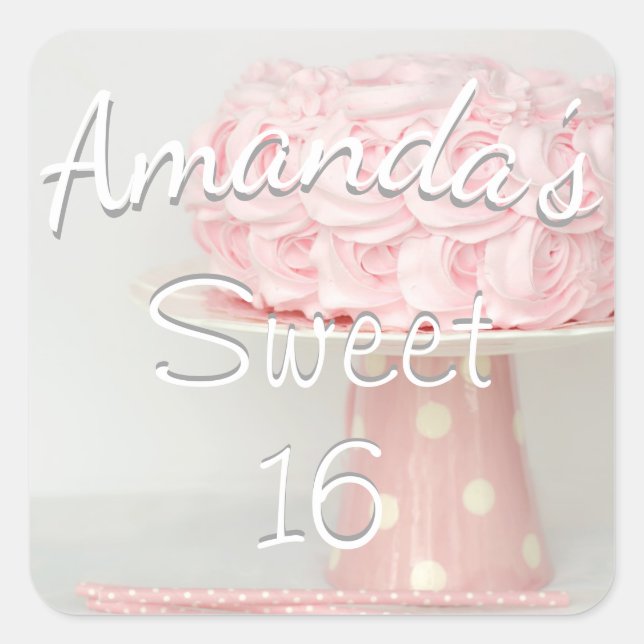 Adesivo Quadrado Pink Birthday Cake Sweet 16 Personalizar Sticker (Frente)