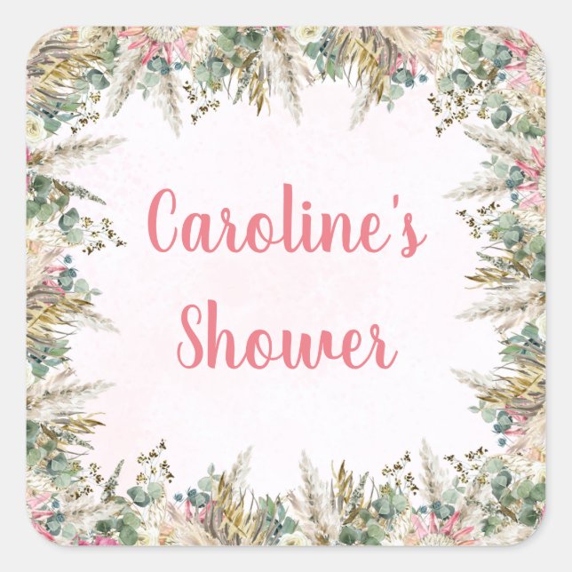 Adesivo Quadrado Pink Boho Pampas Grass Favor Stickers | Bridal (Frente)