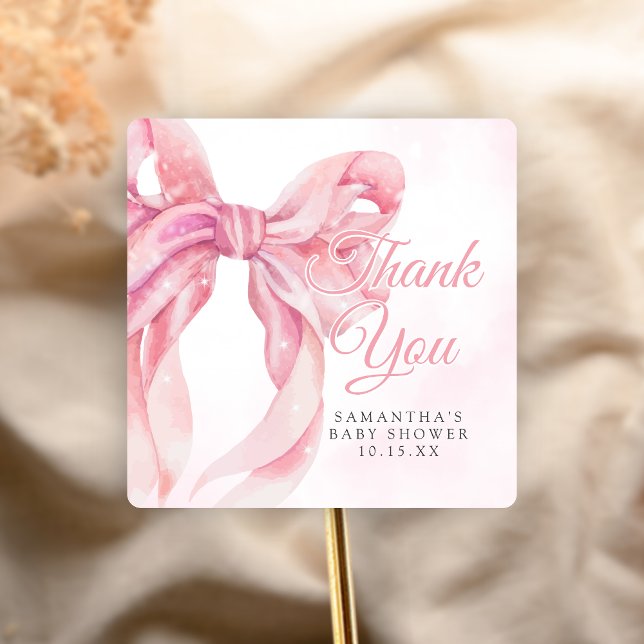 Adesivo Quadrado Pink Bow Girl Baby Shower (Pink Bow Coquette Girl Baby Shower Sticker)