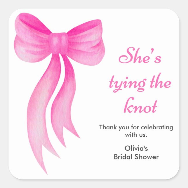 Adesivo Quadrado Pink Bow She's Tying the Knot Bridal Shower  (Frente)