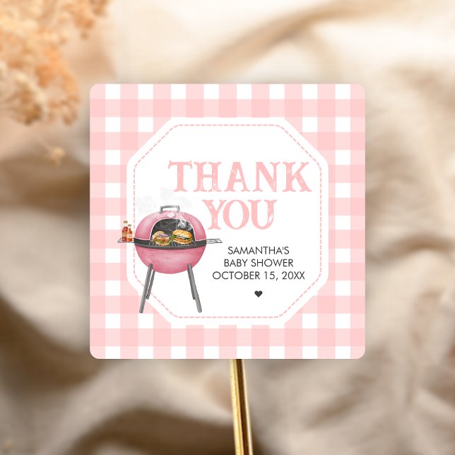 Adesivo Quadrado Pink Burger BBQ Baby Shower (Bun and Burgers Baby Shower Sticker)
